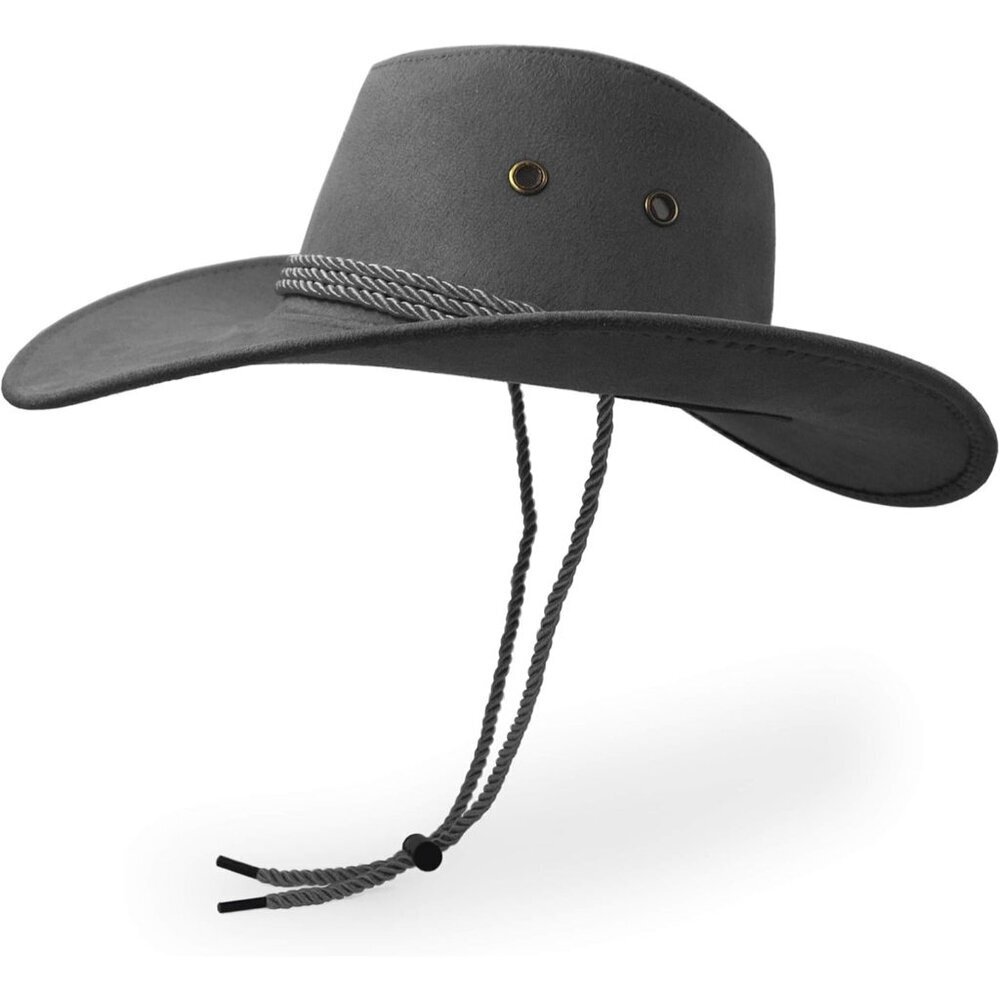 Unisex Grey Faux Wide Brim with Braided Band Chin Strap Classic Cowboy Felt Hat - Picture 3 of 7